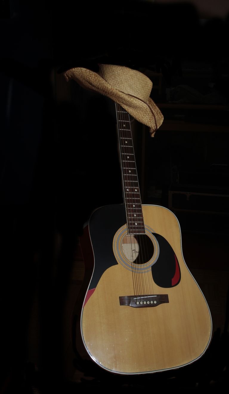 Acoustic guitar with a cowboy hat symbolizing country music culture.